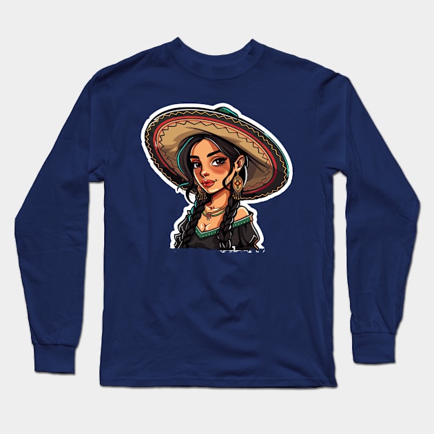 Cinco de mayo mexican twin ponytail mexican girl Long Sleeve T-Shirt by emhaz